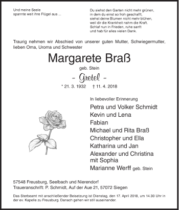 Traueranzeige von Margarete Braß von Siegener Zeitung