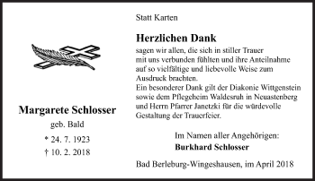 Traueranzeige von Margarete Schlosser von Siegener Zeitung