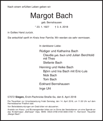 Traueranzeige von Margot Bach von Siegener Zeitung