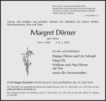 Traueranzeige von Margret Dörner von Siegener Zeitung