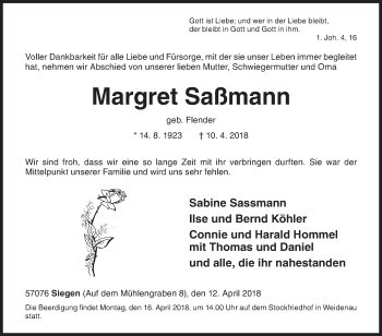 Traueranzeige von Margret Saßmann von Siegener Zeitung