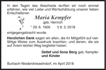 Traueranzeige von Maria Kempfer von Siegener Zeitung