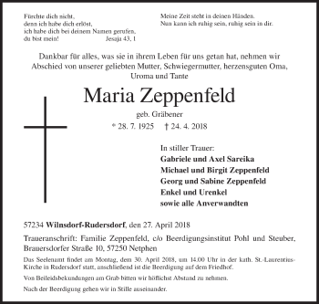 Traueranzeige von Maria Zeppenfeld von Siegener Zeitung