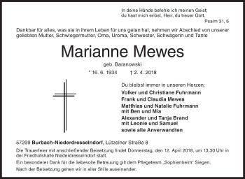 Traueranzeige von Marianne Mewes von Siegener Zeitung