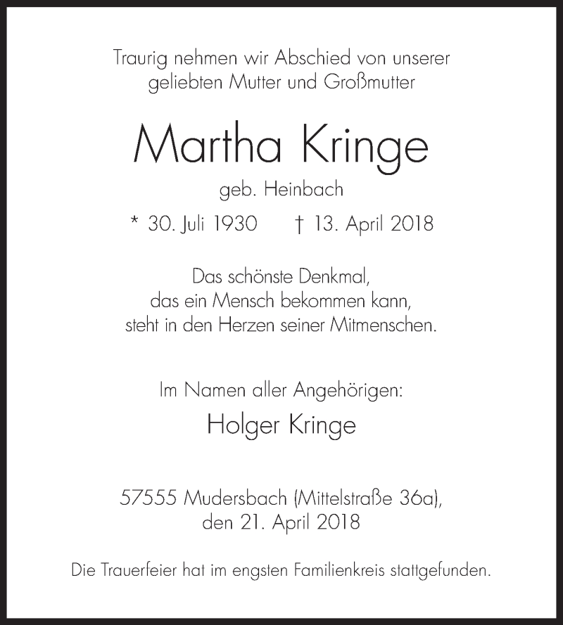  Traueranzeige für Martha Kringe vom 21.04.2018 aus Siegener Zeitung