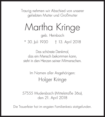 Traueranzeige von Martha Kringe von Siegener Zeitung