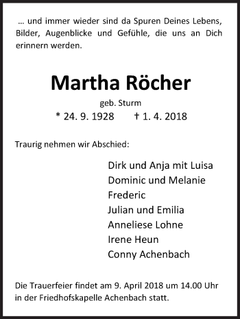 Traueranzeige von Martha Röcher von Siegener Zeitung