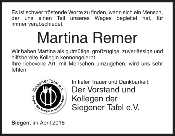 Traueranzeige von Martina Remer von Siegener Zeitung