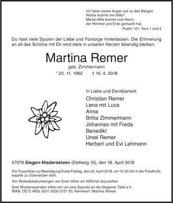 Traueranzeige von Martina Remer von Siegener Zeitung
