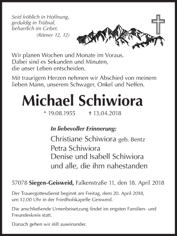 Traueranzeige von Michael Schiwiora von Siegener Zeitung