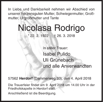 Traueranzeige von Nicolasa Rodrigo von Siegener Zeitung