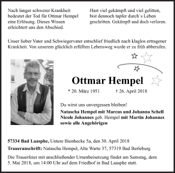 Traueranzeige von Ottmar Hempel von Siegener Zeitung