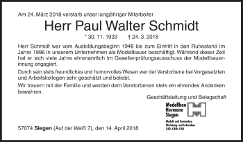 Traueranzeige von Paul Walter Schmidt von Siegener Zeitung