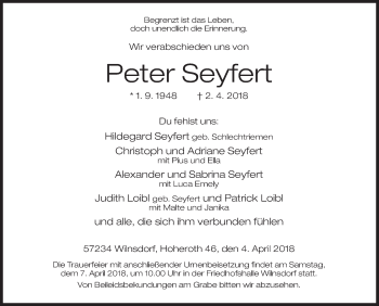 Traueranzeige von Peter Seyfert von Siegener Zeitung