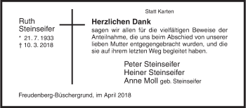 Traueranzeige von Ruth Steinseifer von Siegener Zeitung