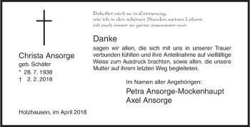 Traueranzeige von Christa Ansorge von Siegener Zeitung