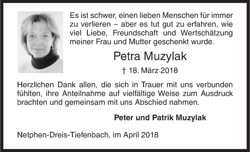  Traueranzeige für Petra Muzylak vom 28.04.2018 aus Siegener Zeitung