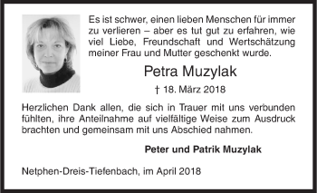 Traueranzeige von Petra Muzylak von Siegener Zeitung