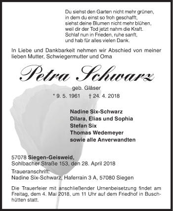 Traueranzeige von Petra Schwarz von Siegener Zeitung