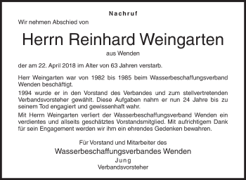 Traueranzeige von Reinhard Weingarten von Siegener Zeitung