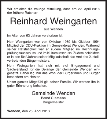 Traueranzeige von Reinhard Josef Weingarten von Siegener Zeitung