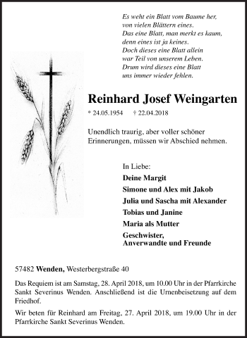 Traueranzeige von Reinhard Josef Weingarten von Siegener Zeitung