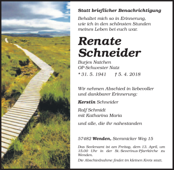 Traueranzeige von Renate Schneider von Siegener Zeitung