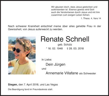 Traueranzeige von Renate Schnell von Siegener Zeitung