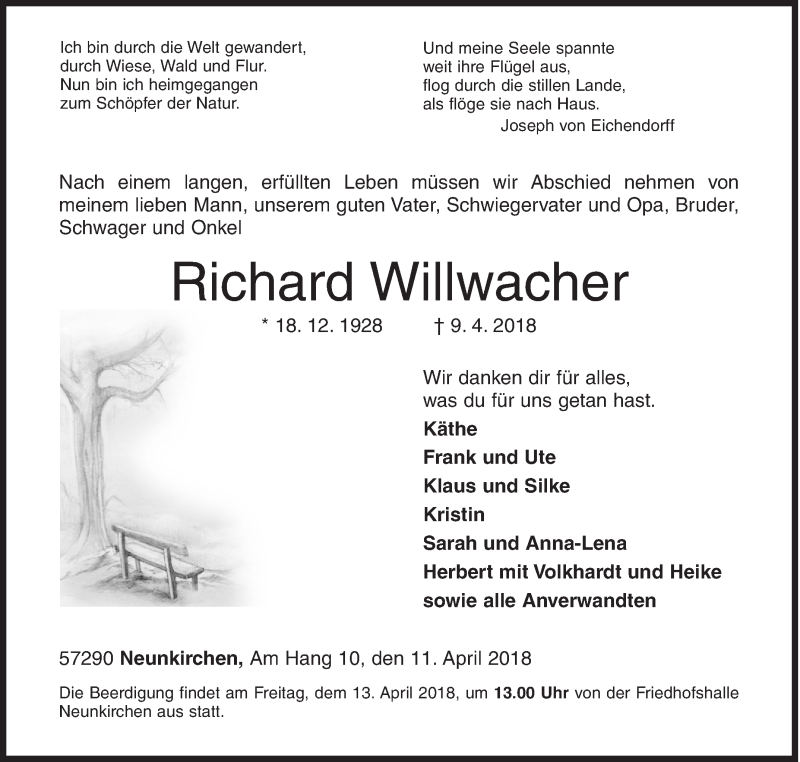  Traueranzeige für Richard Willwacher vom 11.04.2018 aus Siegener Zeitung