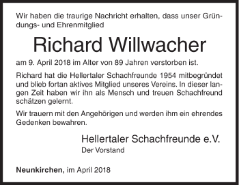 Traueranzeige von Richard Willwacher von Siegener Zeitung