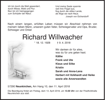 Traueranzeige von Richard Willwacher von Siegener Zeitung