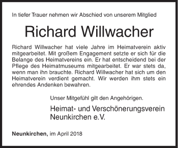 Traueranzeige von Richard Willwacher von Siegener Zeitung