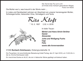 Traueranzeige von Rita Kloft von Siegener Zeitung