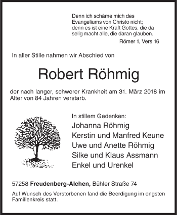 Traueranzeige von Robert Röhmig von Siegener Zeitung