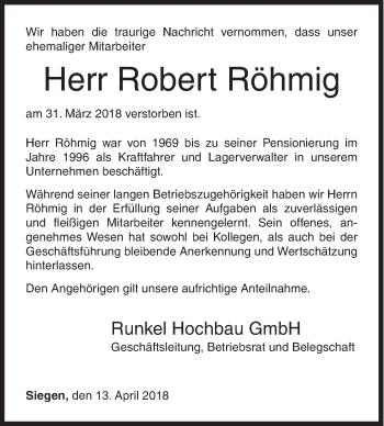 Traueranzeige von Robert Röhmig von Siegener Zeitung