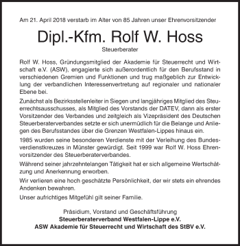Traueranzeige von Rolf Hoss von Siegener Zeitung