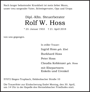 Traueranzeige von Rolf Hoss von Siegener Zeitung