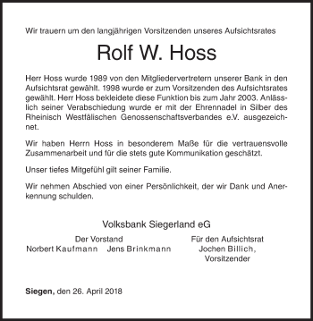 Traueranzeige von Rolf Hoss von Siegener Zeitung