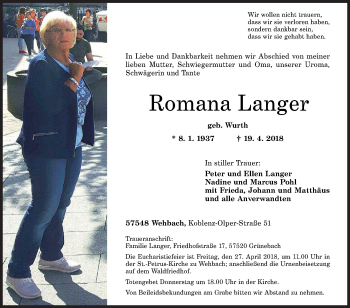 Traueranzeige von Romana Langer von Siegener Zeitung