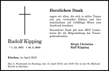 Traueranzeige von Rudolf Kipping von Siegener Zeitung