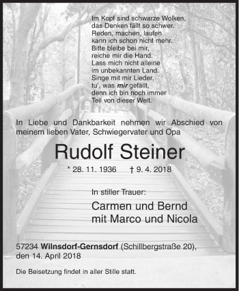 Traueranzeige von Rudolf Steiner von Siegener Zeitung