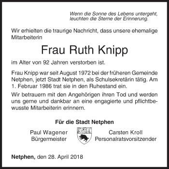 Traueranzeige von Ruth Knipp von Siegener Zeitung