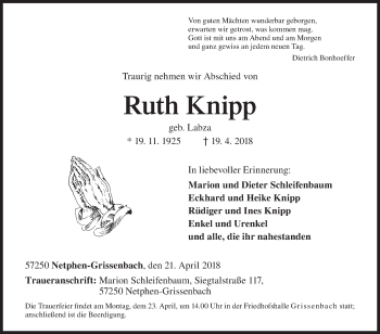 Traueranzeige von Ruth Knipp von Siegener Zeitung