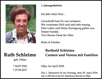 Traueranzeige von Ruth Schleime von Siegener Zeitung