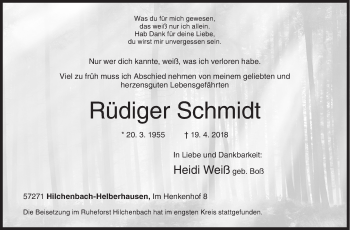 Traueranzeige von Rüdiger Schmidt von Siegener Zeitung