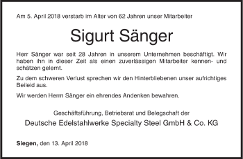 Traueranzeige von Sigurt Sänger von Siegener Zeitung