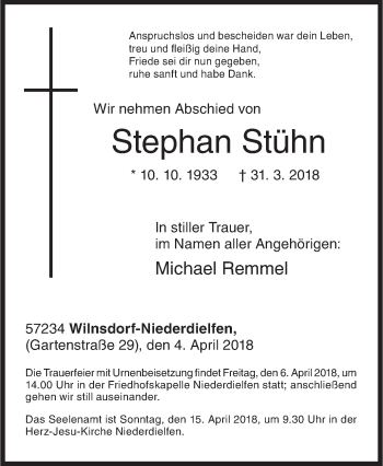 Traueranzeige von Stephan Stühn von Siegener Zeitung