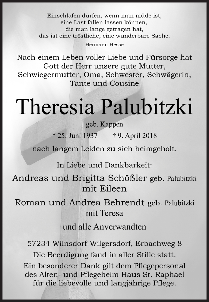  Traueranzeige für Theresia Palubitzki vom 14.04.2018 aus Siegener Zeitung