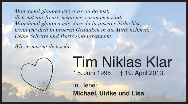  Traueranzeige für Tim Niklas Klar vom 19.04.2018 aus Siegener Zeitung