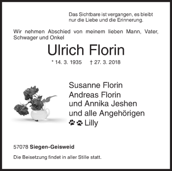 Traueranzeige von Ulrich Florin von Siegener Zeitung